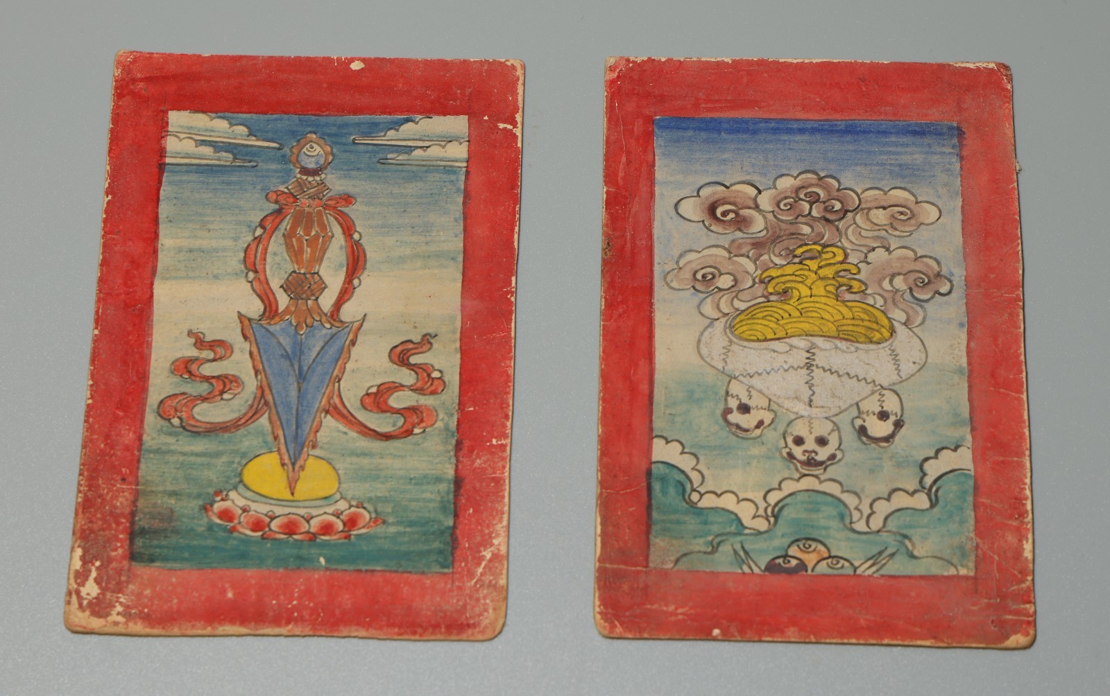 Real Pair Tibet 1800s Antique Tsaklis Thangka Phurba Kapala Skull Offering Bowl