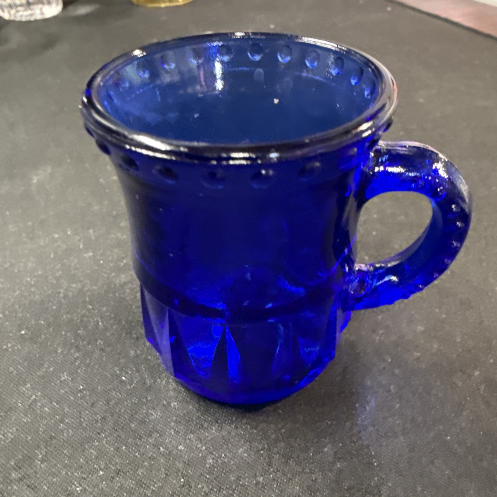 Vintage Cobalt Blue Glass Mini Mug Bead & Dart Pattern Shot Glass 2\