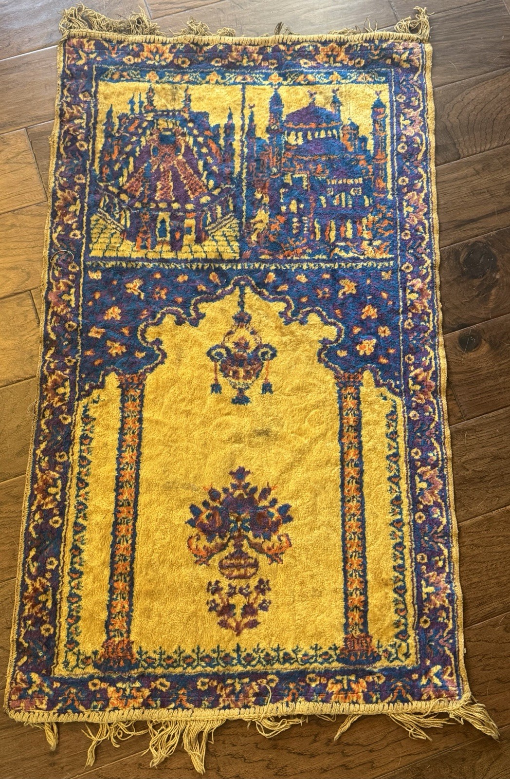 Vintage Hand-Knotted Islamic Prayer Rug Mecca And Medina Mosque Pictorial Wool