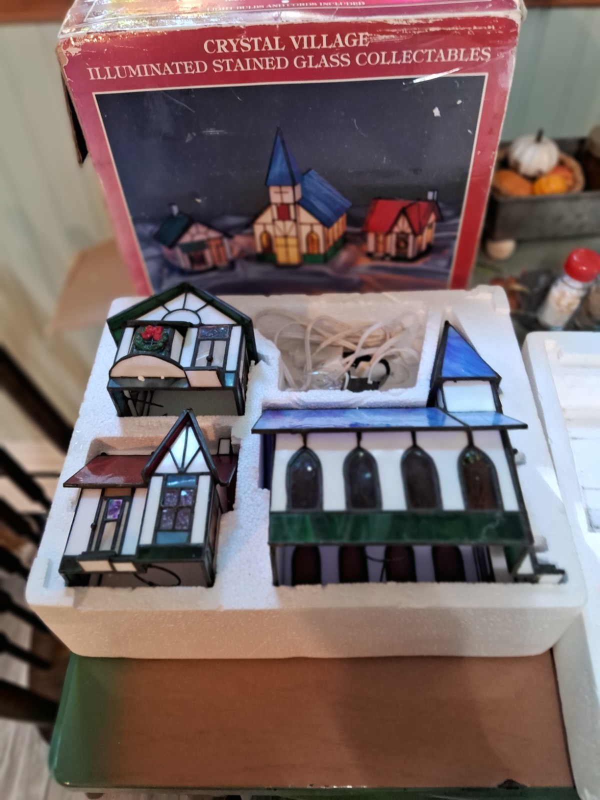 VTG 1994 Crystal Village Lighted Stained Glass Houses set of 3 w/Box VTG 1994 Crystal Village Lighted Stained Glass Houses set of 3 w/Box