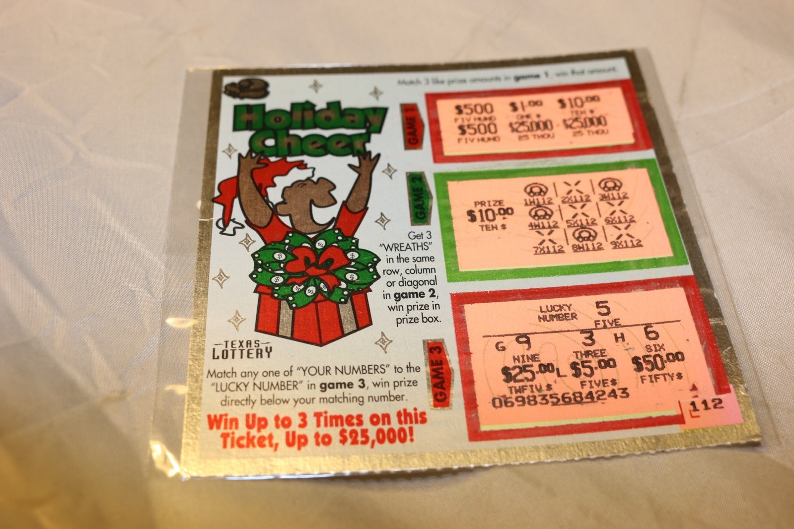 Texas Lottery Holiday Cheer Used $2 Scratch Off Memorabilia