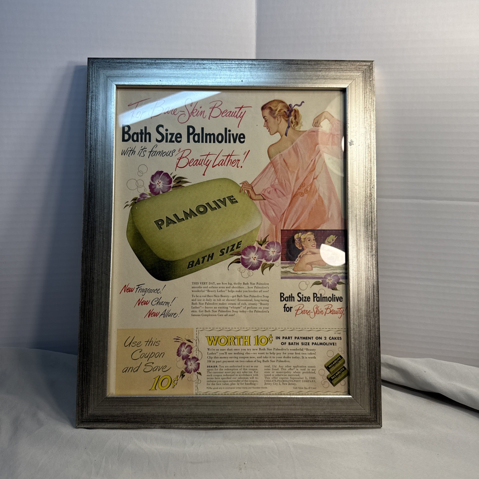 Vintage Framed Palmolive Bath Size Soap Print Ad 1940s Bare-Skin Beauty Decor