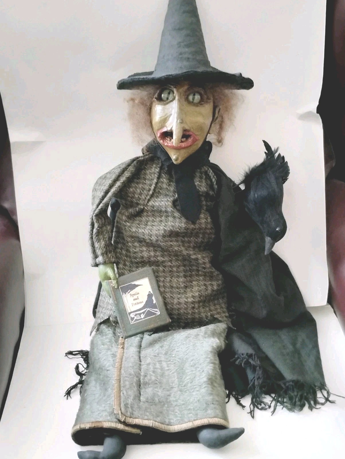 Vintage Style Folk Art Handmade  Halloween  Cat Eyed Ugly Witch Fabric Doll 34\