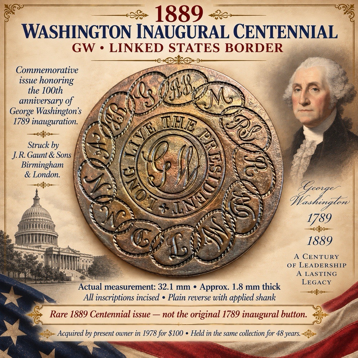WASHINGTON INAUGURAL CENTENNIAL~GW LINKED STATES BORDER~button  Albert\'s WI 4 CM