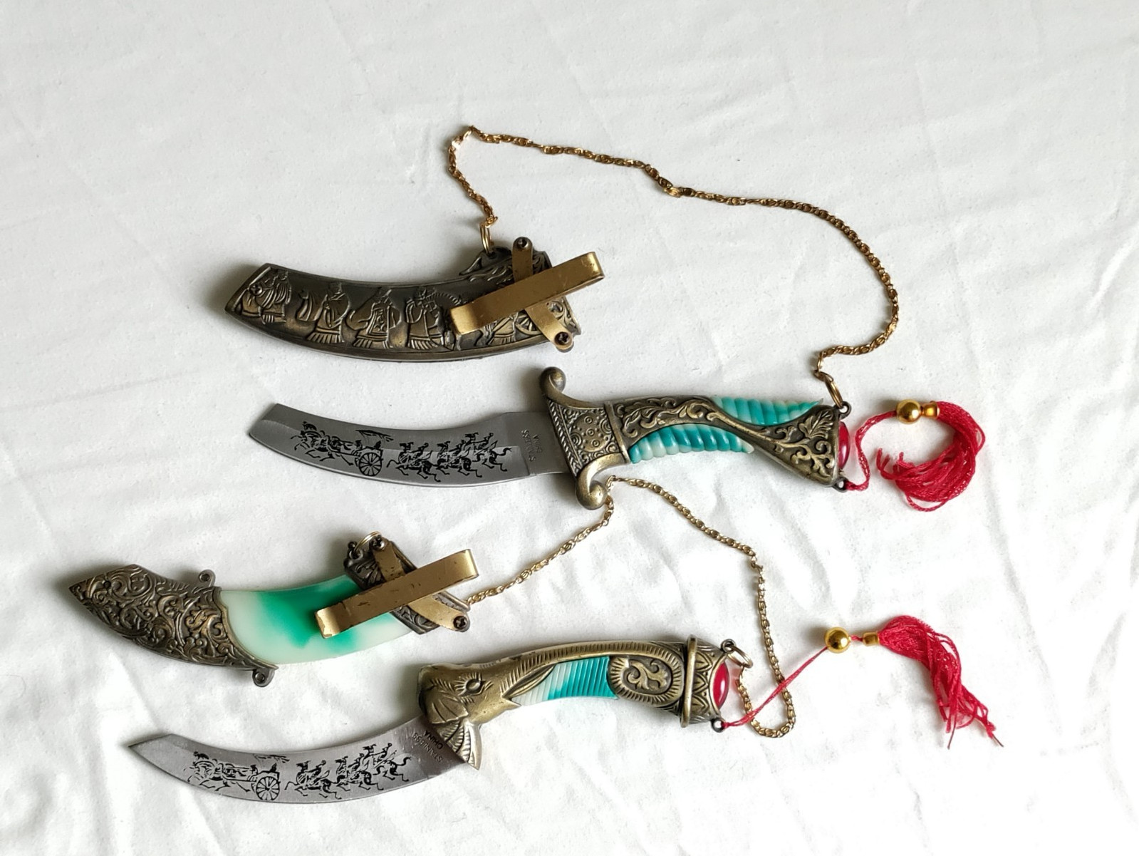 Vintage Chinese Miniature Sword Letter Openers Pair Ornate Dragon & Procession D