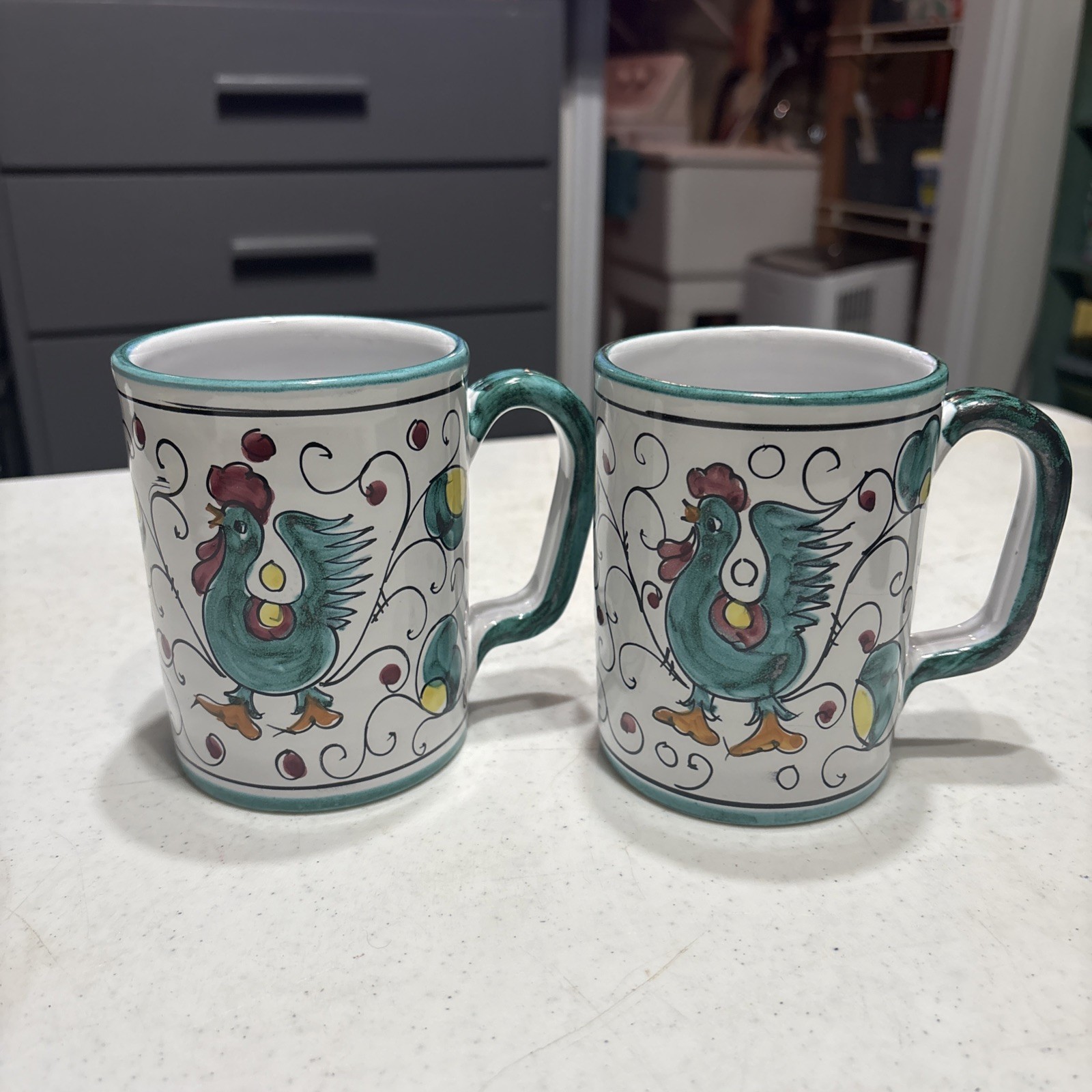 Vintage Deruta Italian Clay Pottery Orvieto Green Rooster Mugs Set of 2