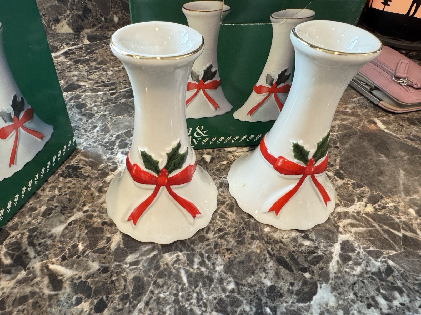 Mount Clemens Vtg Christmas Candle Holders Ribbon & Holly Pair Japan Set Of 4 Mount Clemens Vtg Christmas Candle Holders Ribbon & Holly Pair Japan Set Of 4