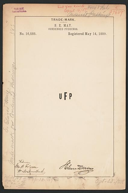 Photo:Nyack NY 1889 S E May UFP Condensed Puddings Trade Mark