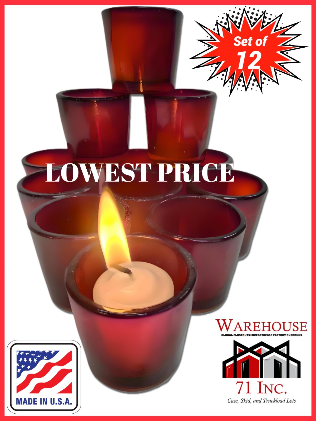 PACK OF  12 RED  GLASS VOTIVE CANDLE HOLDERS USA MADE QUALITY OVERSTOCK AMAZON