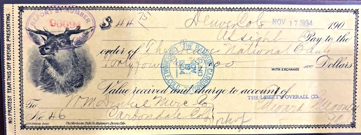 Vintage Denver National Bank Check/Draft Denver Colo Nov 17 1904 Revenue Stamp