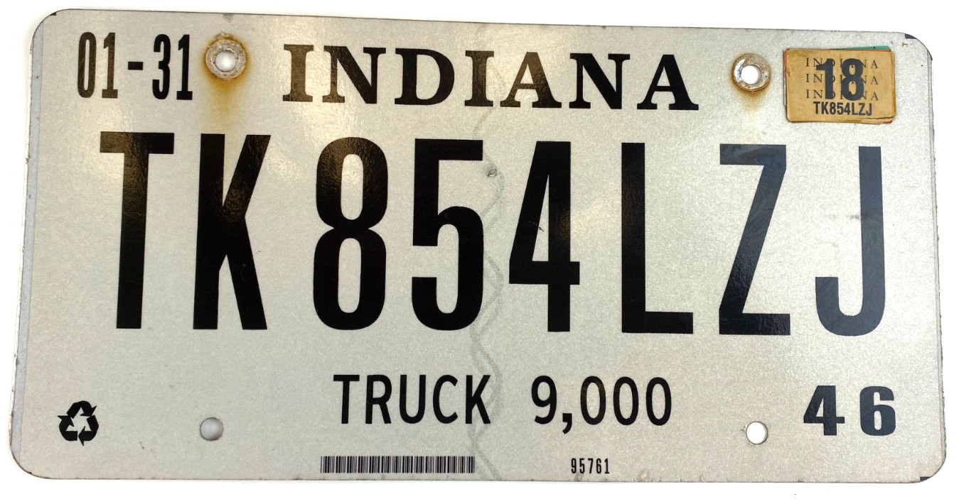 Indiana 2018 Truck 9,000 License Plate TK 854LZJ Garage Man Cave Pub Wall Decor