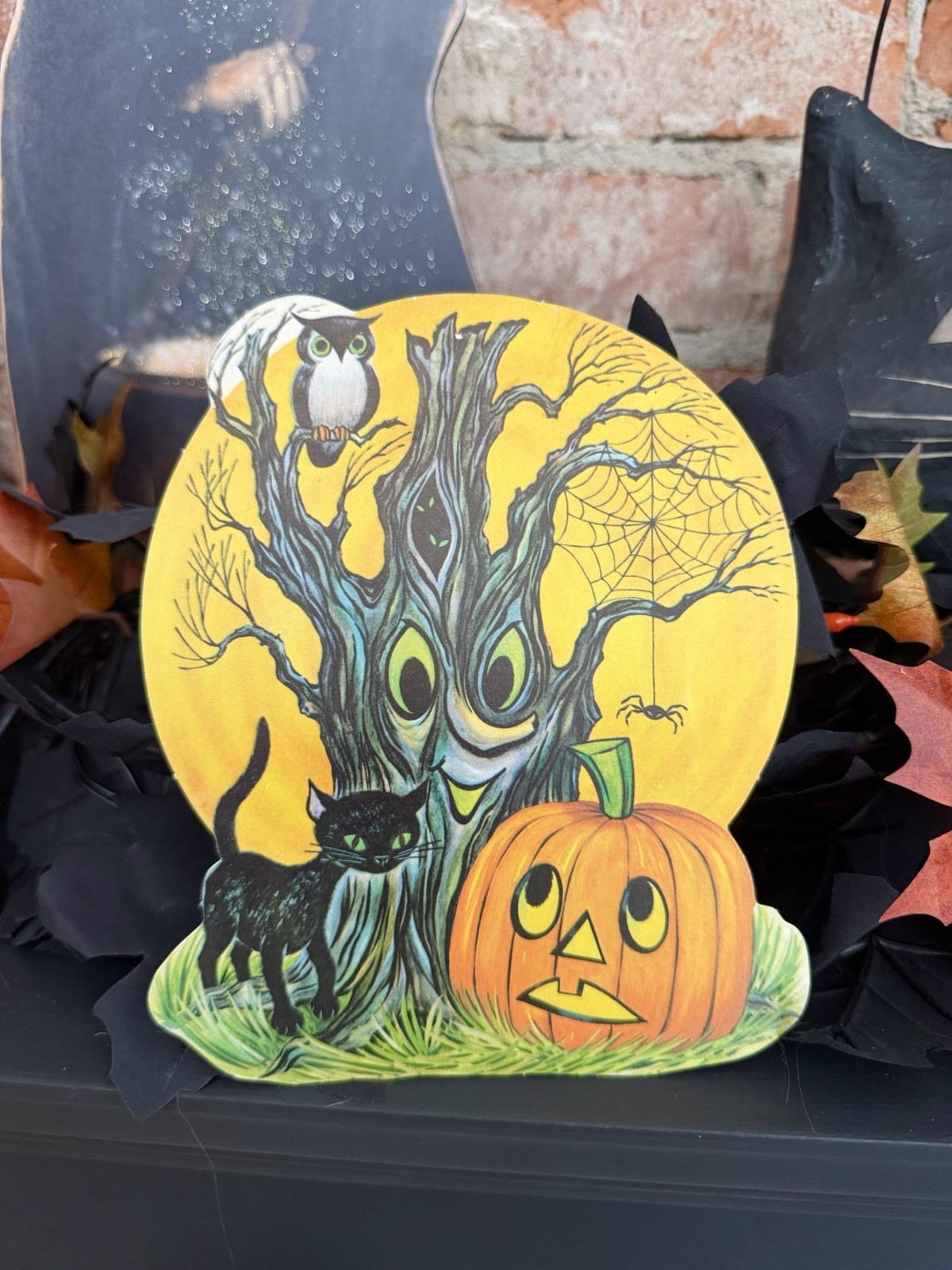 VTG Small  1950s/60s Die Cut Featuring Spooky Tree, Cat, Owl, And Jack-o-lantern