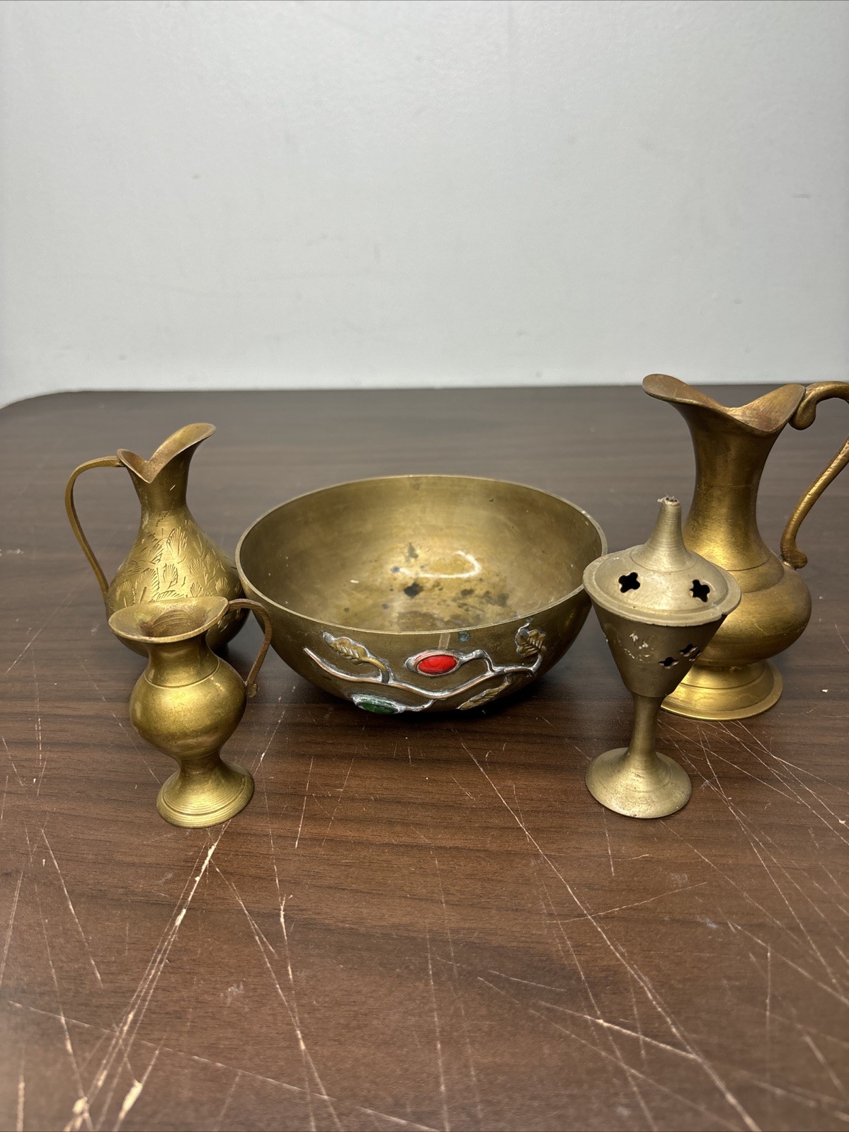 Lot Of Vintage Brass Decor- Scalloped Pedestal Bowl Planters Pitcher MCM