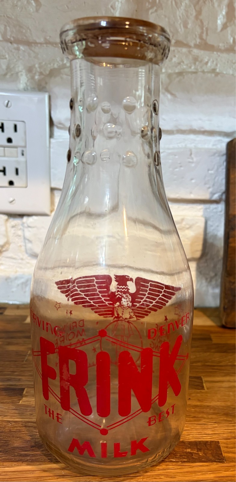 Vintage 1945 Frink Quart Glass Milk Bottle with Make America Strong Logo on Back Vintage 1945 Frink Quart Glass Milk Bottle with Make America Strong Logo on Back