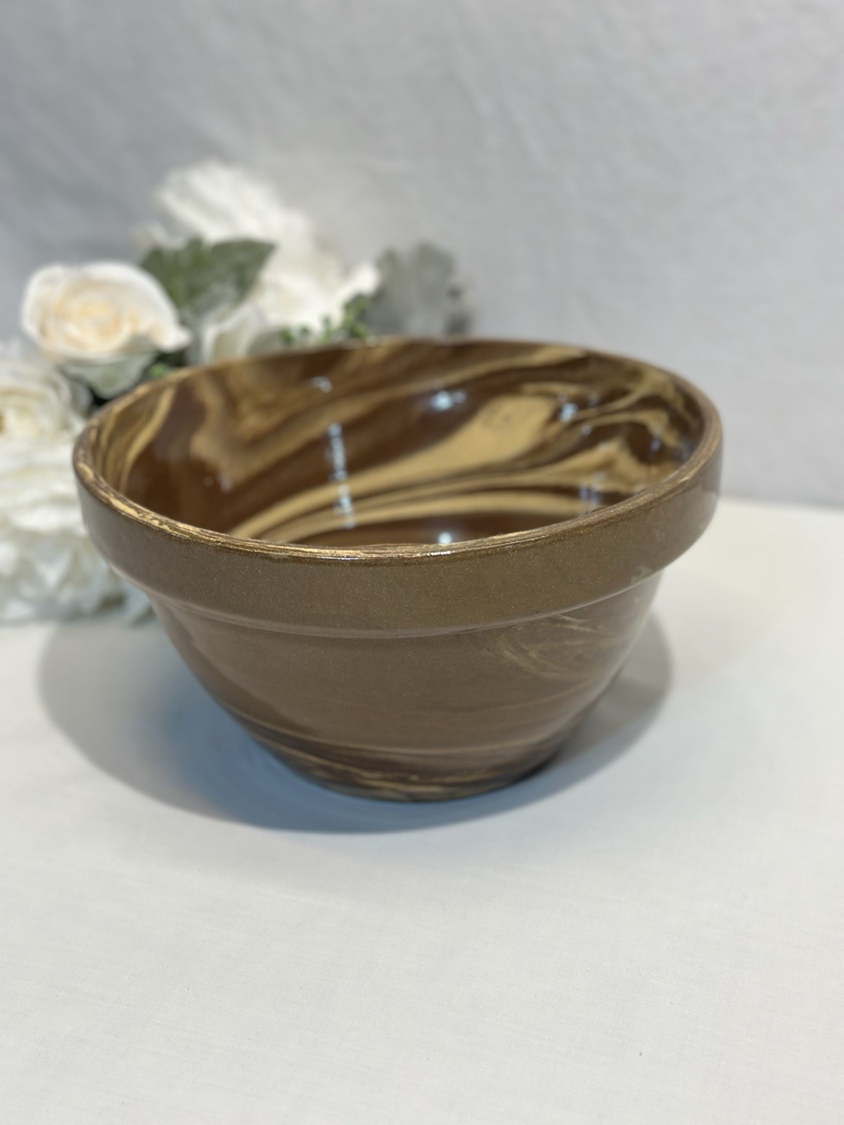 Vintage Stoneware Mixing Prep Bowl Mocha & Caramel Swirls 9.5” Wide 5” Tall
