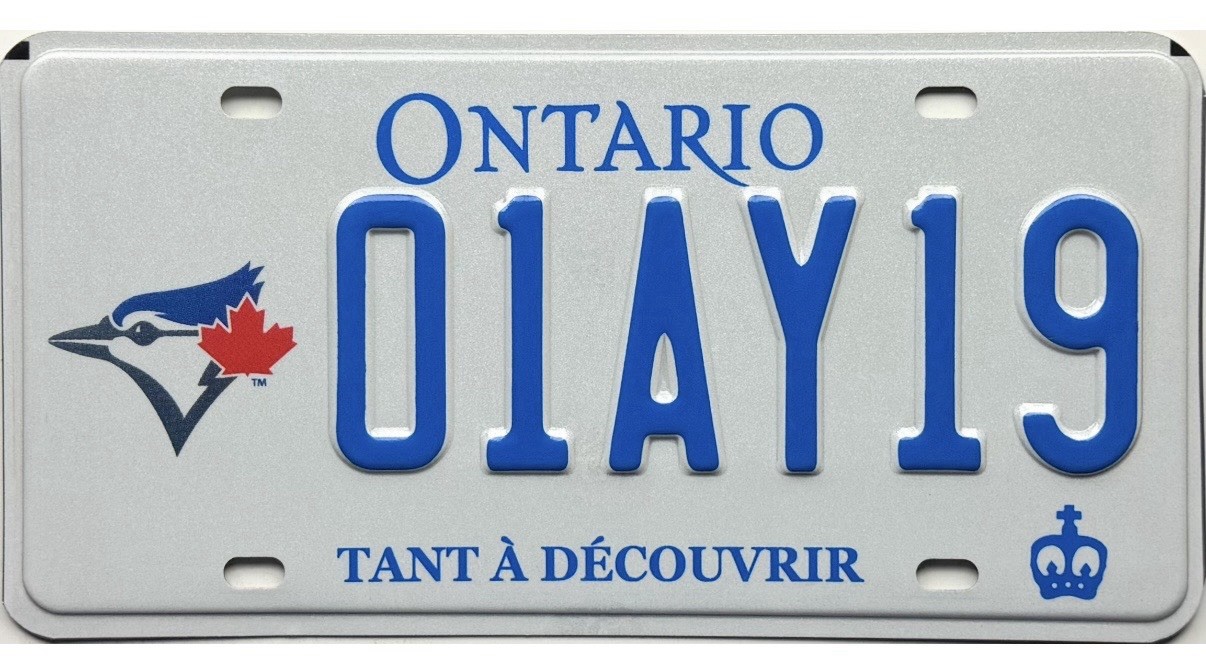 Ontario TORONTO BLUE JAYS License Plate #01AY19 FRENCH SLOGAN