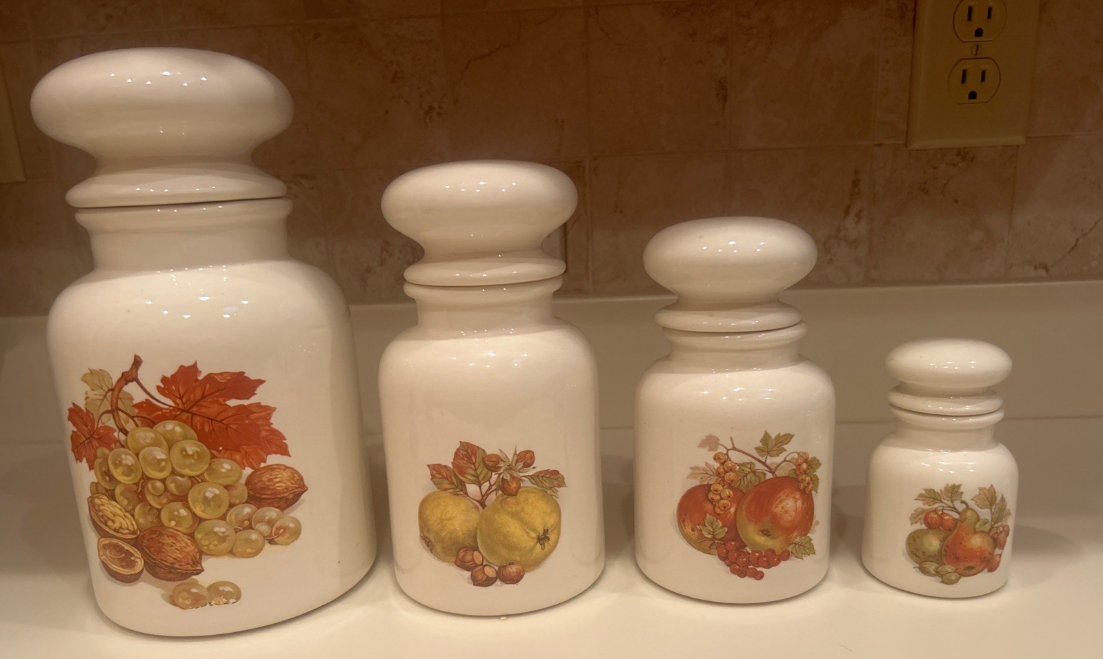 Set Of 4 Vintage Hyalyn Ceramic Canister Set Fruit Pear Apple USA Mid Century