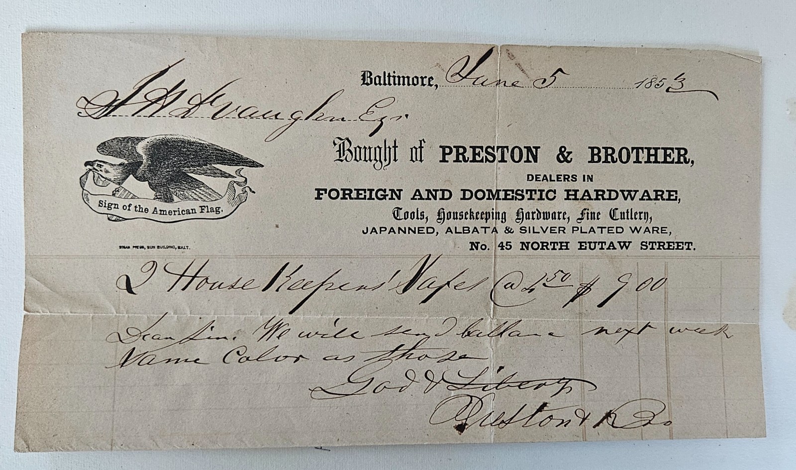 1853 Antique Billhead Baltimore MD Hardware Eagle Graphic Preston & Bro DeVaughn 1853 Antique Billhead Baltimore MD Hardware Eagle Graphic Preston & Bro DeVaughn