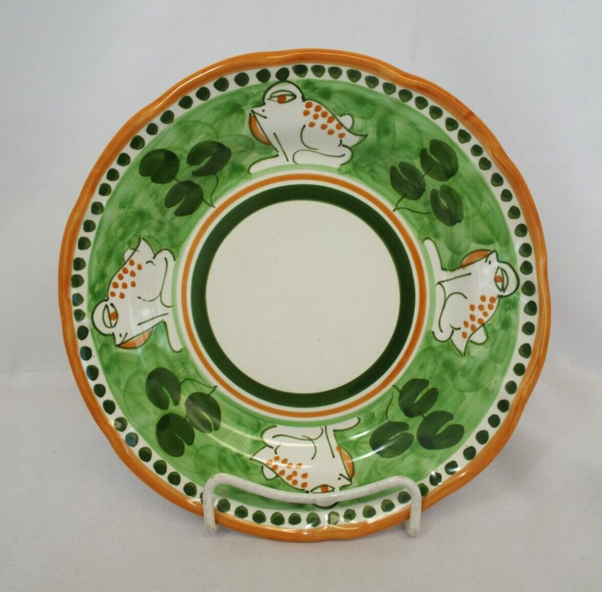 Vietri Italy CAMPAGNA FROG Green Salad Plate TOAD Orange Lines Lilly Pads *Flaw