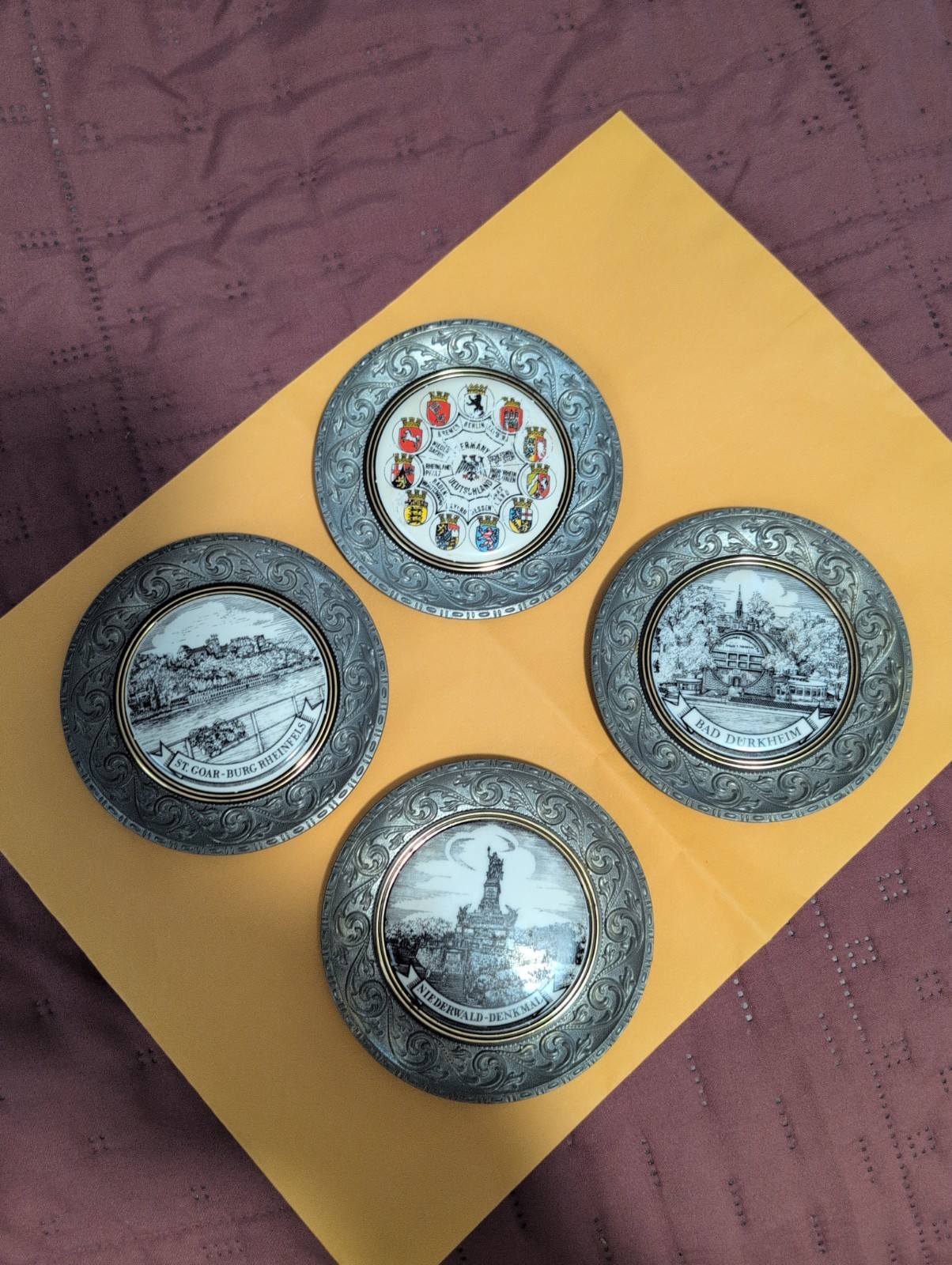 Vintage Germany Pewter Zinn Porcelain Coaster Wall Plaques Set (4) Burg Rheinfel