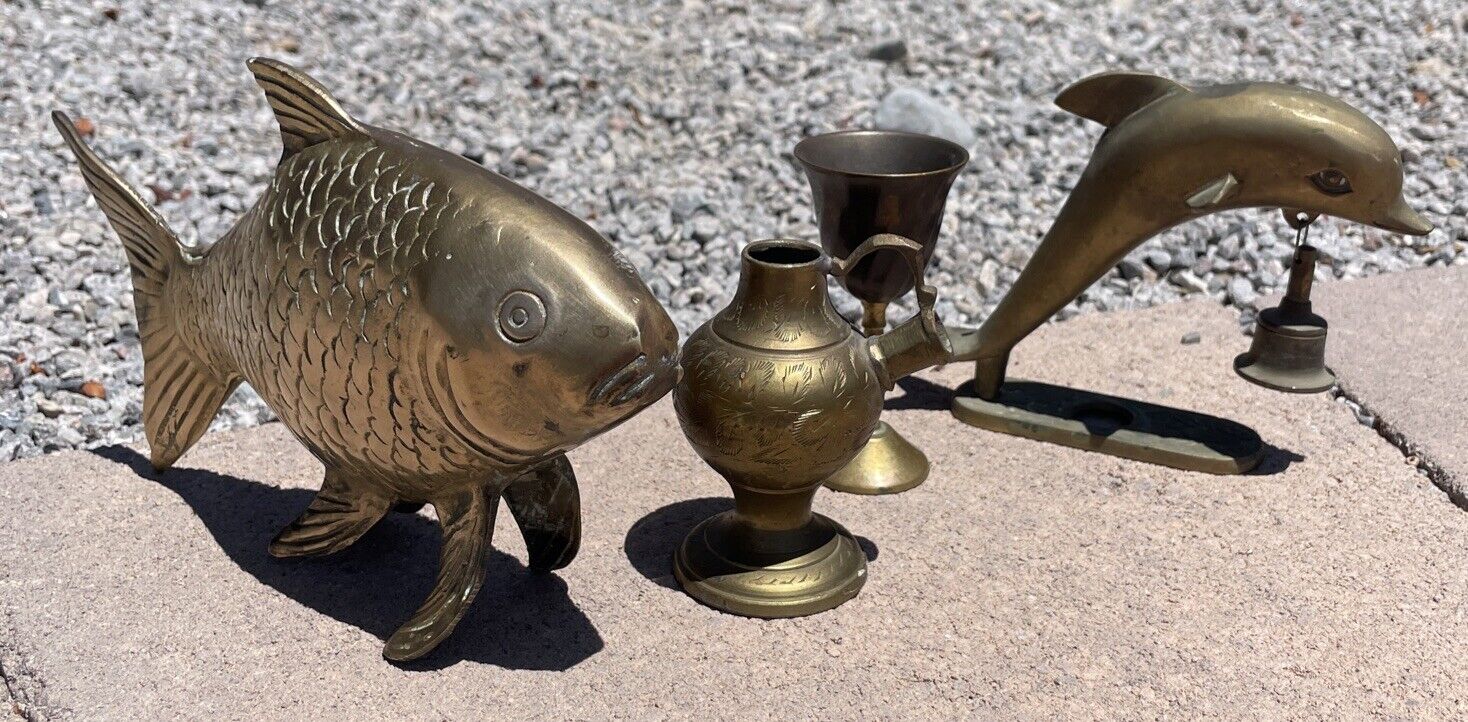 Vintage Brass Collectibles Lot Of 4 Fish Dolphin Cup