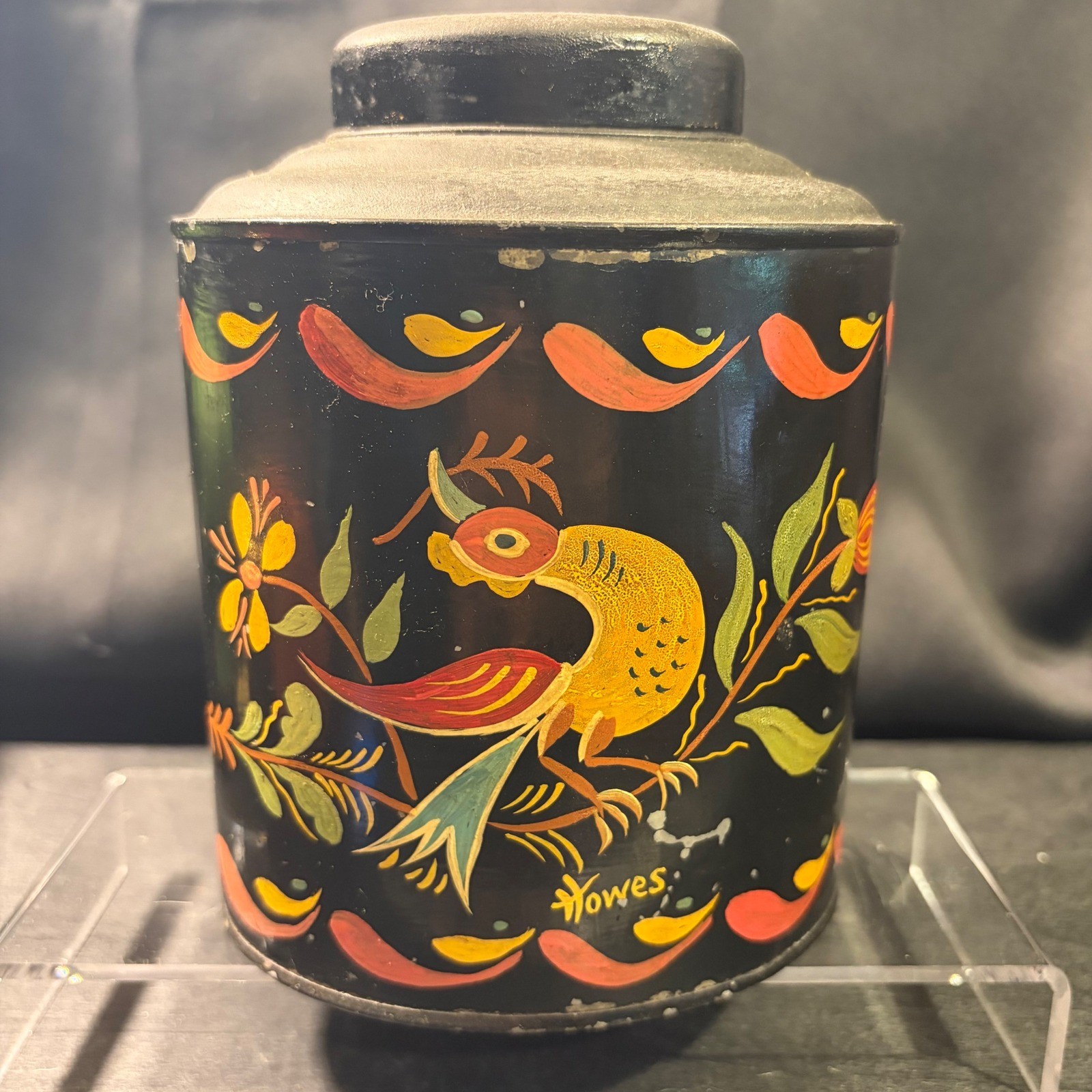 Vintage Howes Hand Painted Folk Art Bird Metal Tea Caddy Oval Tin Canister