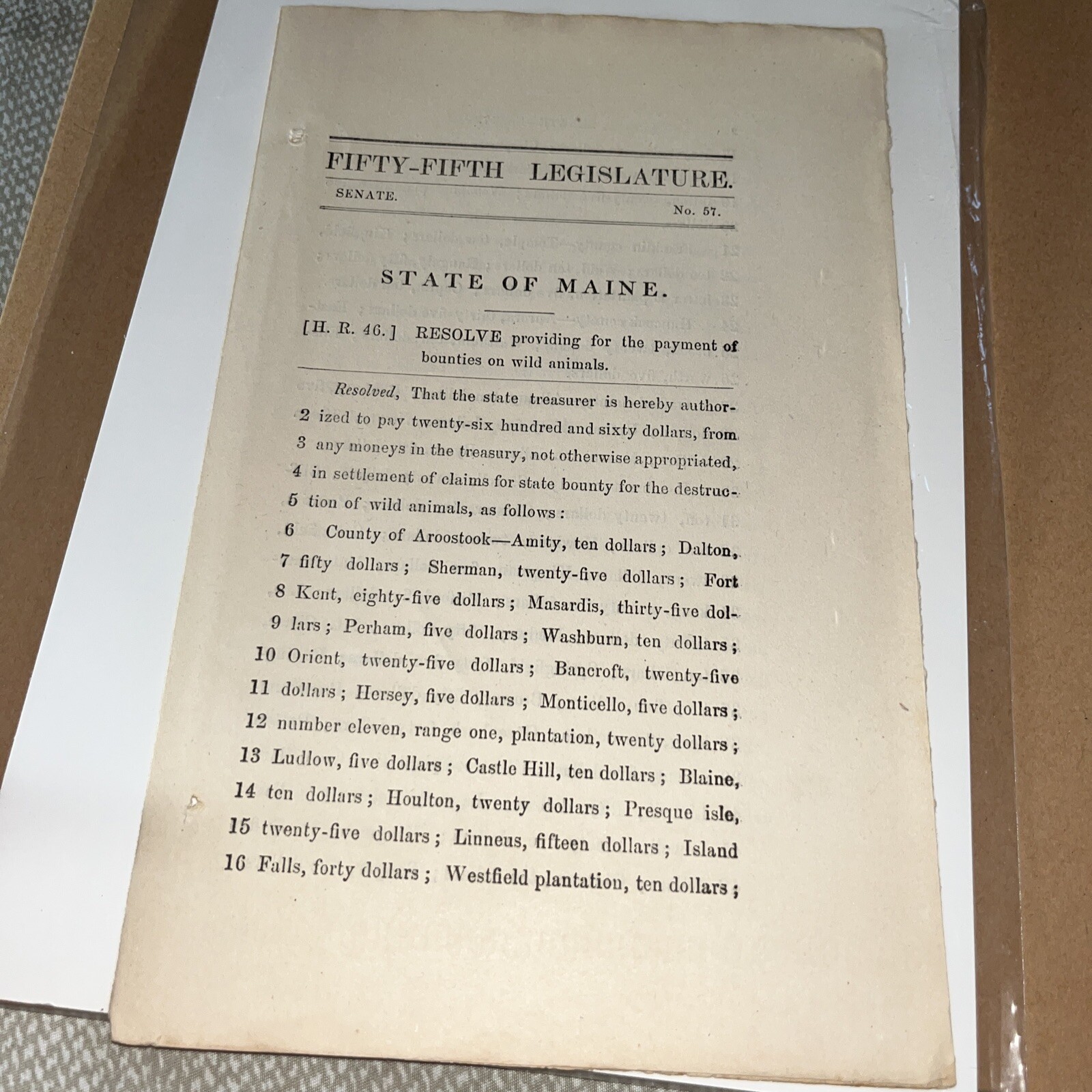 1876 State of Maine Act Related to Bounties on Wild Animals Genealogy Aroostook