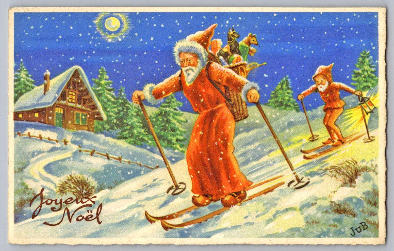 Signed JuB Vintage French Christmas Postcard Santa Claus Elf Skiing Moon Cottage