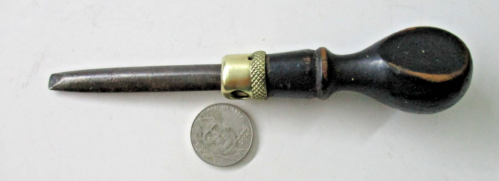 Very rare unique oval blade brass bolster turnscrew wood handle screwdriver