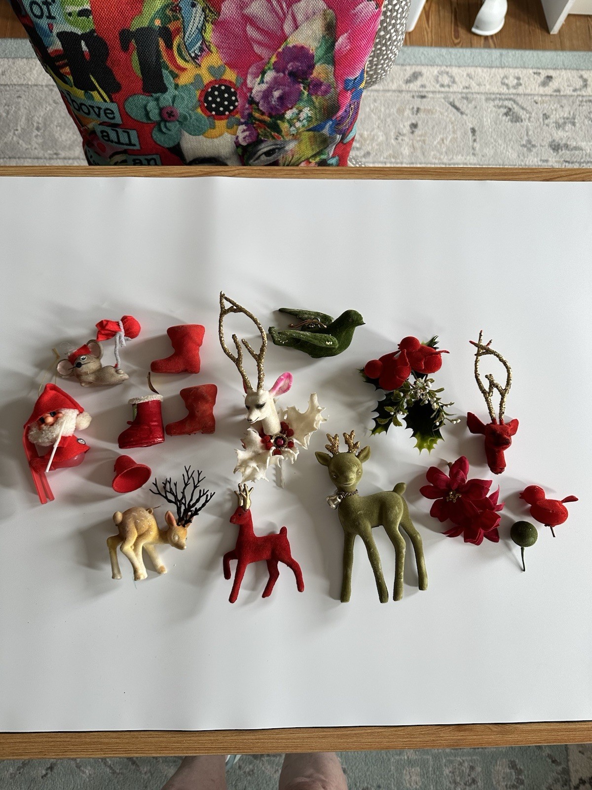 Large Lot Of Vintage Flocked Christmas Animals Boots Elf Japan