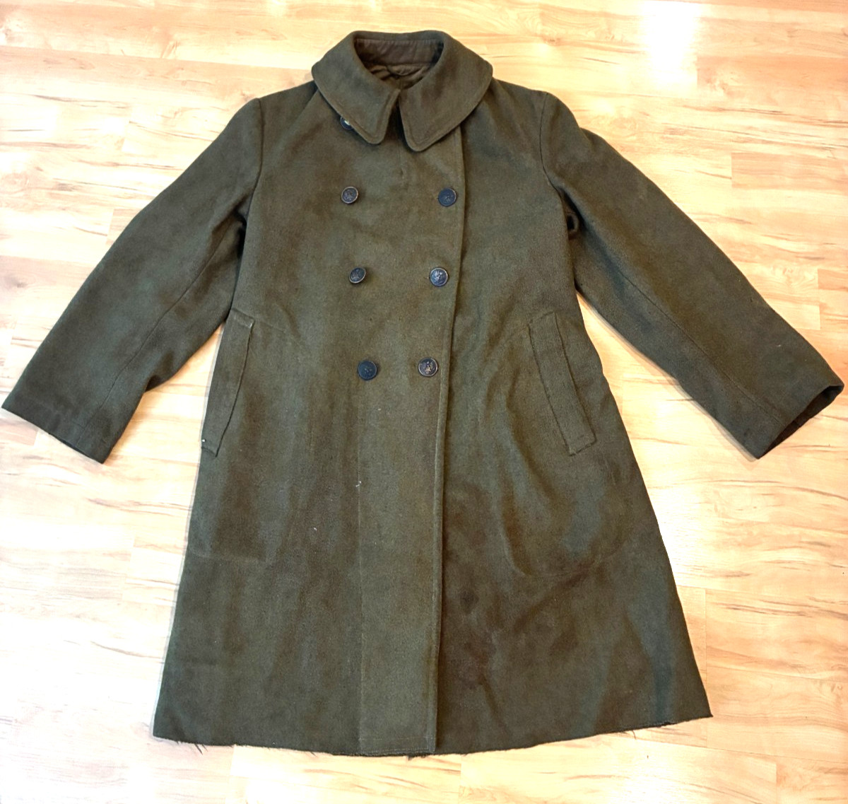 WWII Era US Army M1939 Heavy Wool Overcoat OD Green Double Breasted Eagle Button