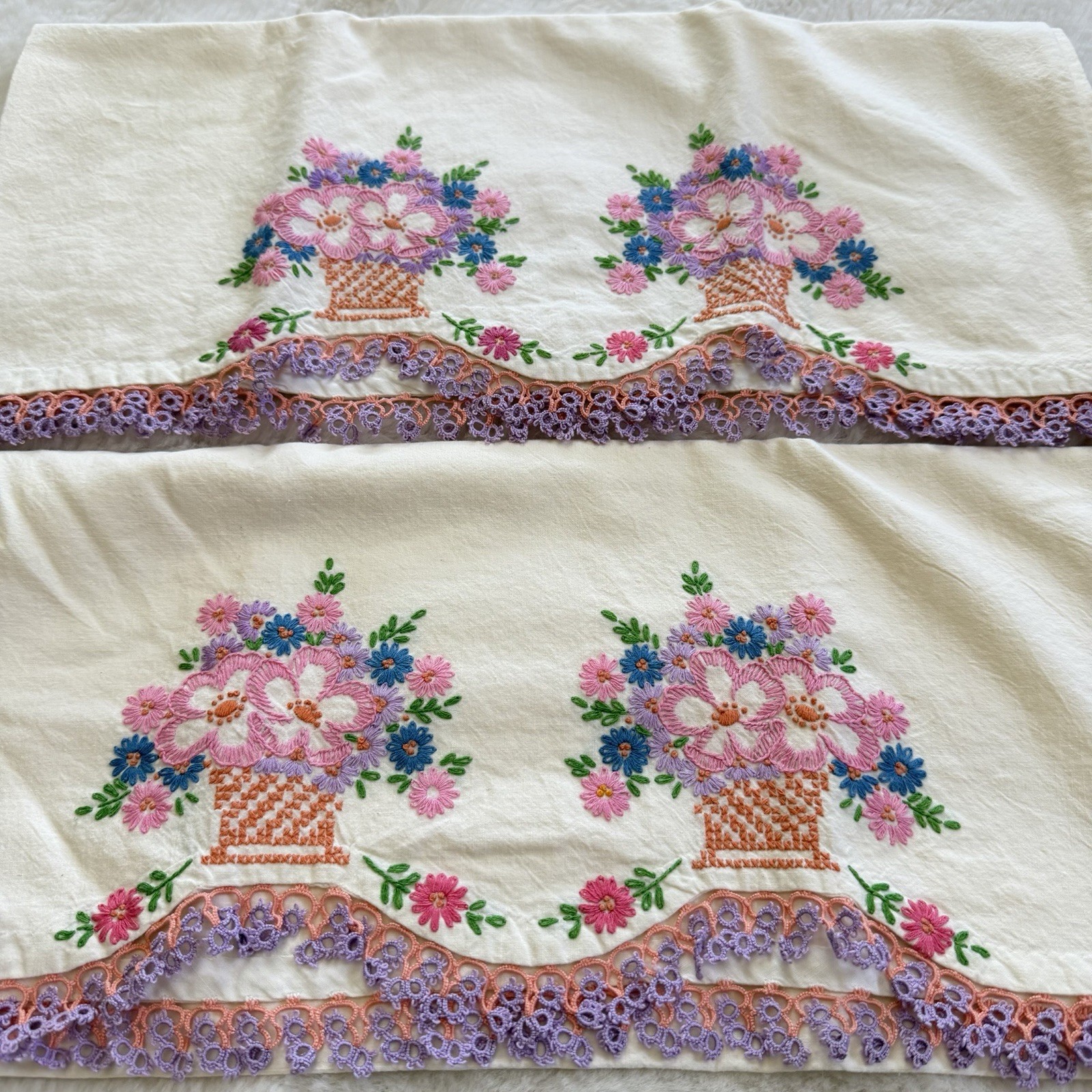 Vintage Hand Embroidered Floral Basket Pillowcases Pair Crochet Trim 30x18