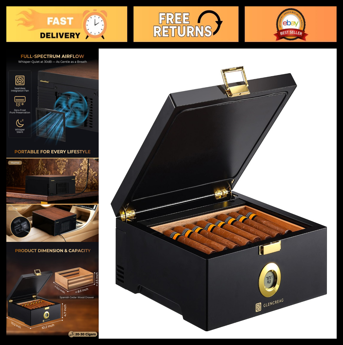 Electric Thermostatic Cigar Humidor Box - 20-30 Cigars, Cedar Wood, Dual Power,