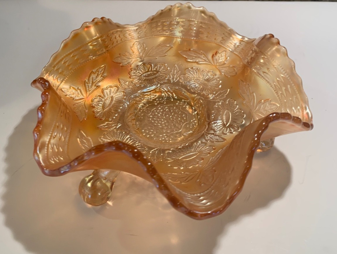 Vintage Fenton Carnival Glass Ruffled Edge Dish Bowl Iridescent Marigold/Orange