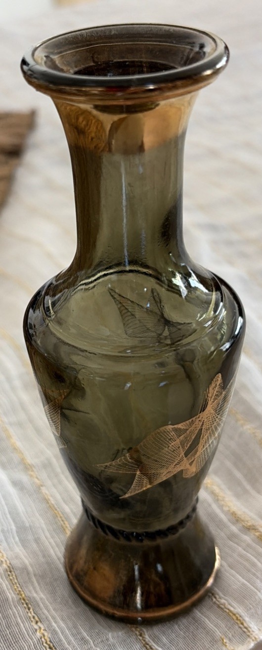 Vtg Wheatonware Green Smoked Glass Spirographic Gold Pattern Vase 6” Tall #10