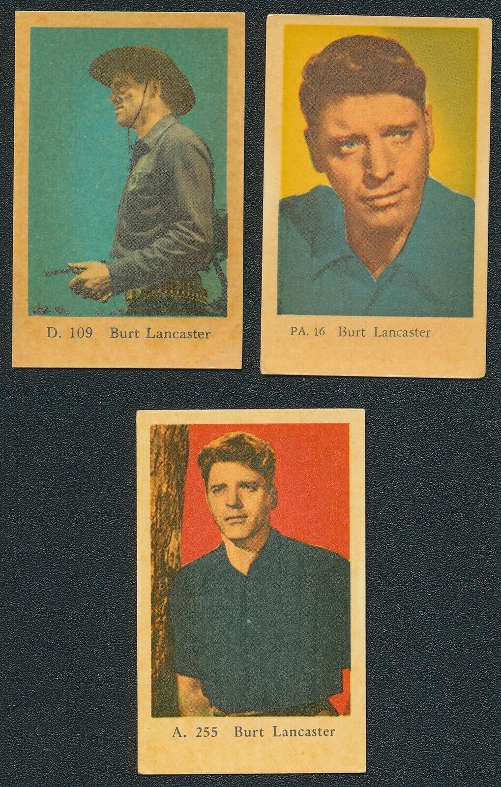 (3) 1958-61 BURT LANCASTER TV & MUSIC STARS DUTCH GUM CARDS: PA 16, A 255 B 109