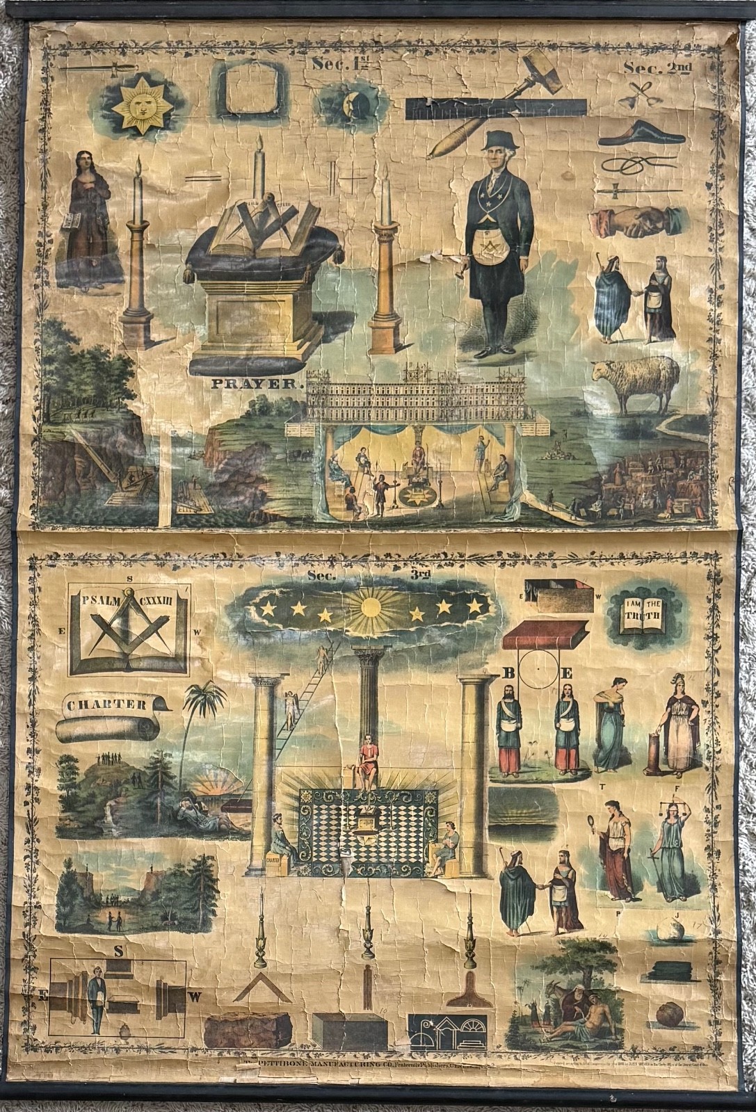 Antique Masonic Chart Banner 1890s Pettibone Mfg Co Master’s Carpet Lithograph