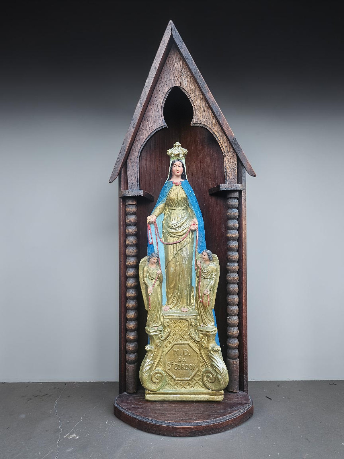Antique French chalkware statue Our Lady of the Holy Cord in wood chapel