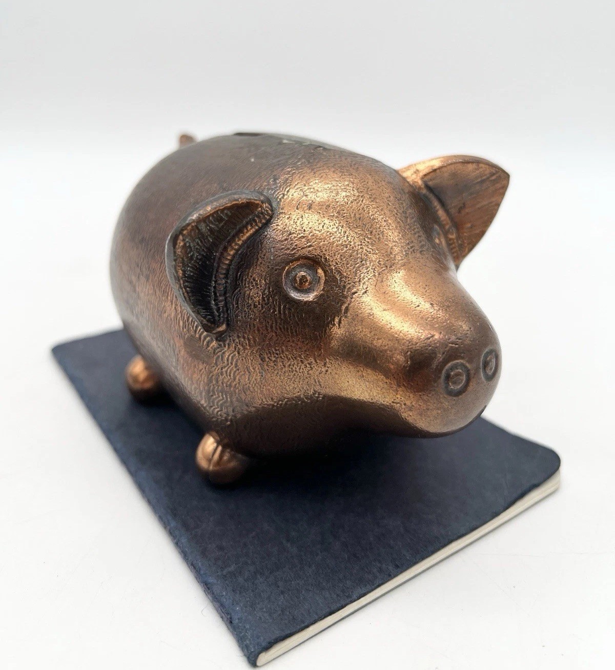 Vintage Copper Tone Cast Metal Piggy Bank Pig Coin Bank Folk Art Decor