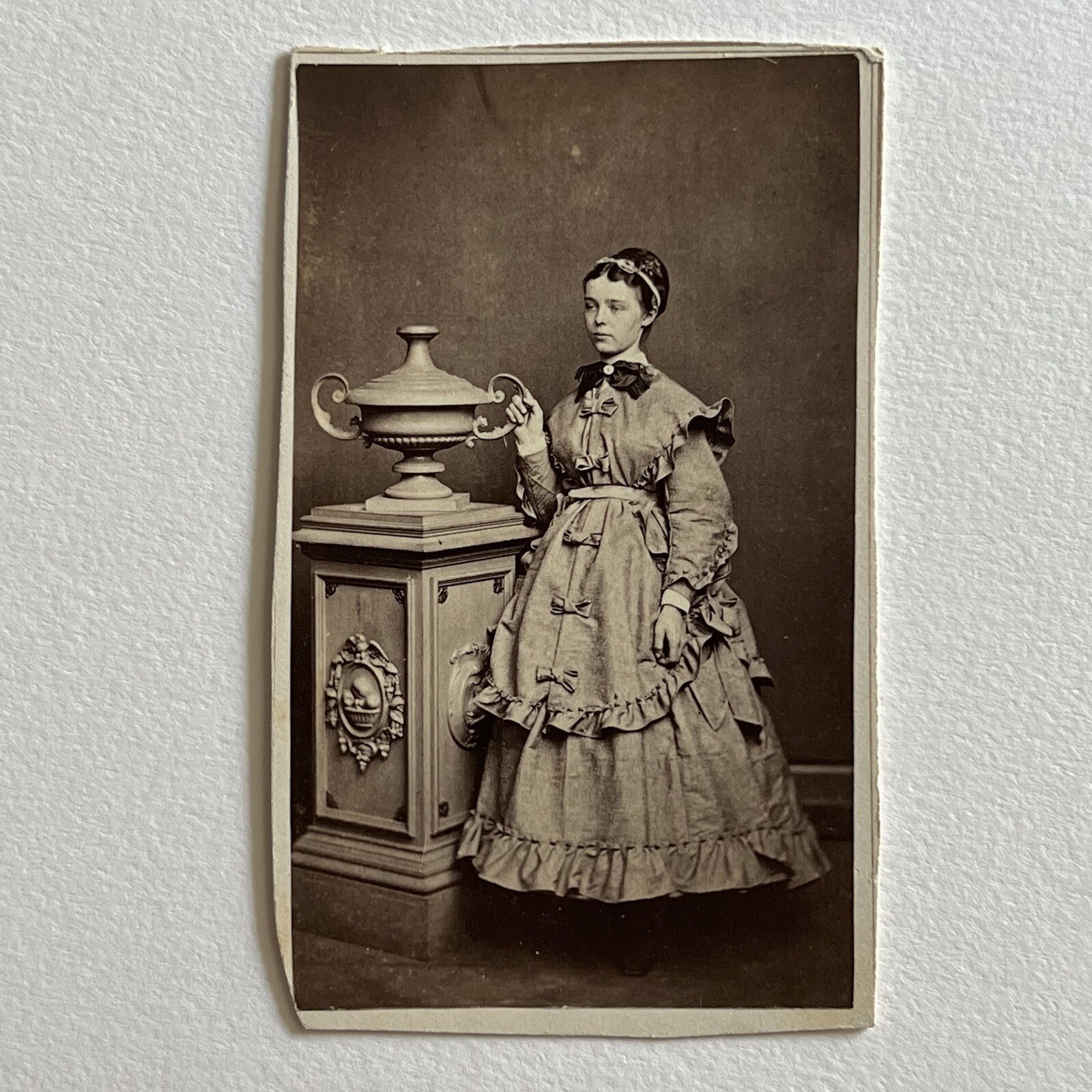 Antique CDV Photograph Beautiful Young Woman Ribbon Ruffle Dress Trophy Vase
