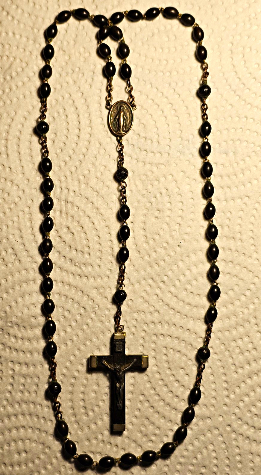 Antique Ebony Beaded Christian Rosary w/ Center Medal, Metal Crucifix (Italy)