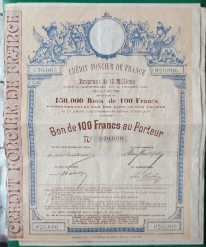 Lot of 3 voucher of 100 francs au bearer Crédit Foncier de France 1888 signed & stamped