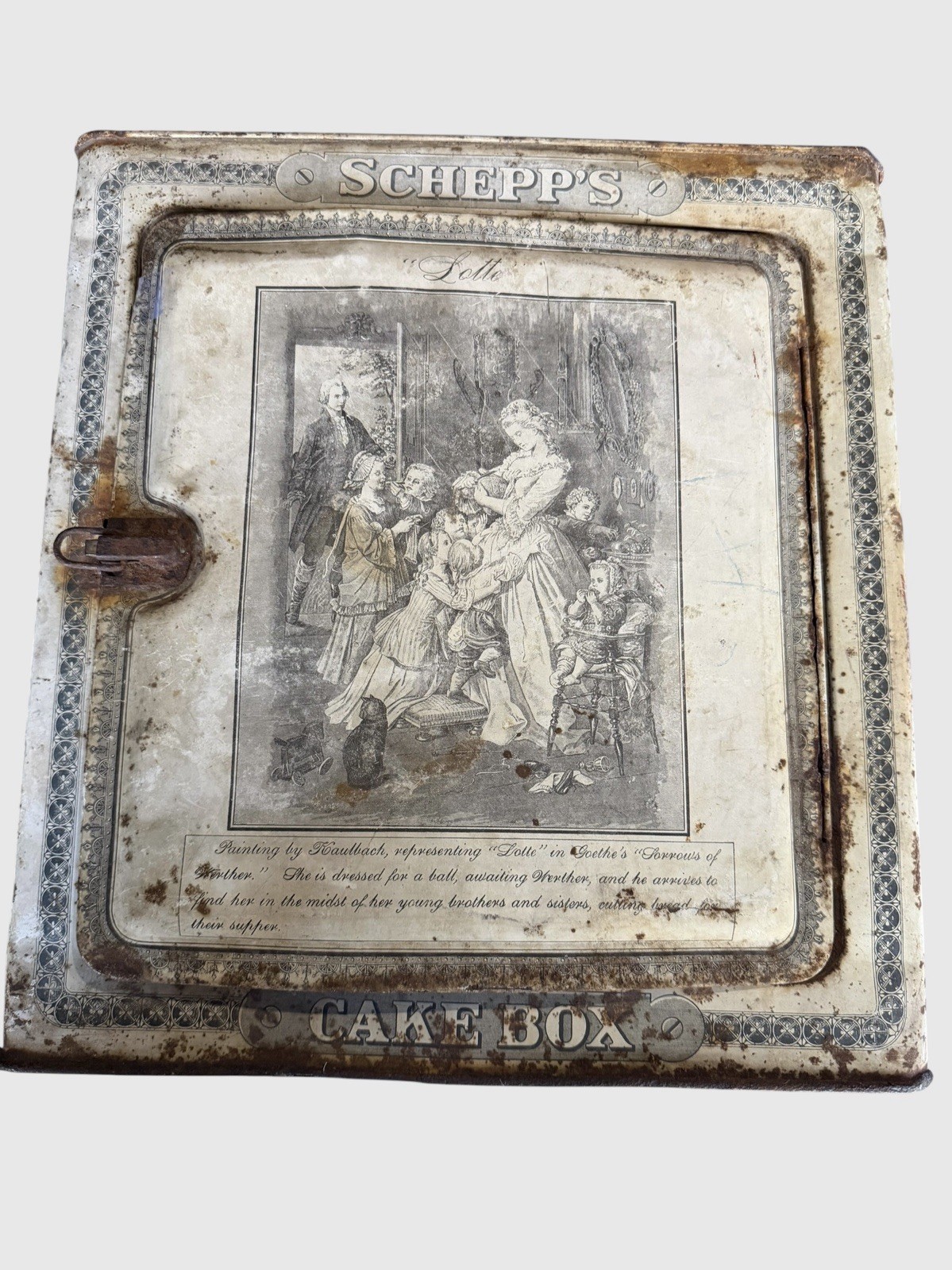 Antique Schepp’s Cake Box Tin Litho Goethe Lotte Dorothea Advertising 1800s