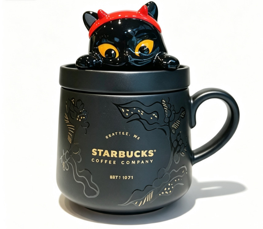 Starbucks 13 OZ Black Ceramic Coffee Mug W/ Black Cat Lid—Happy Halloween Gift