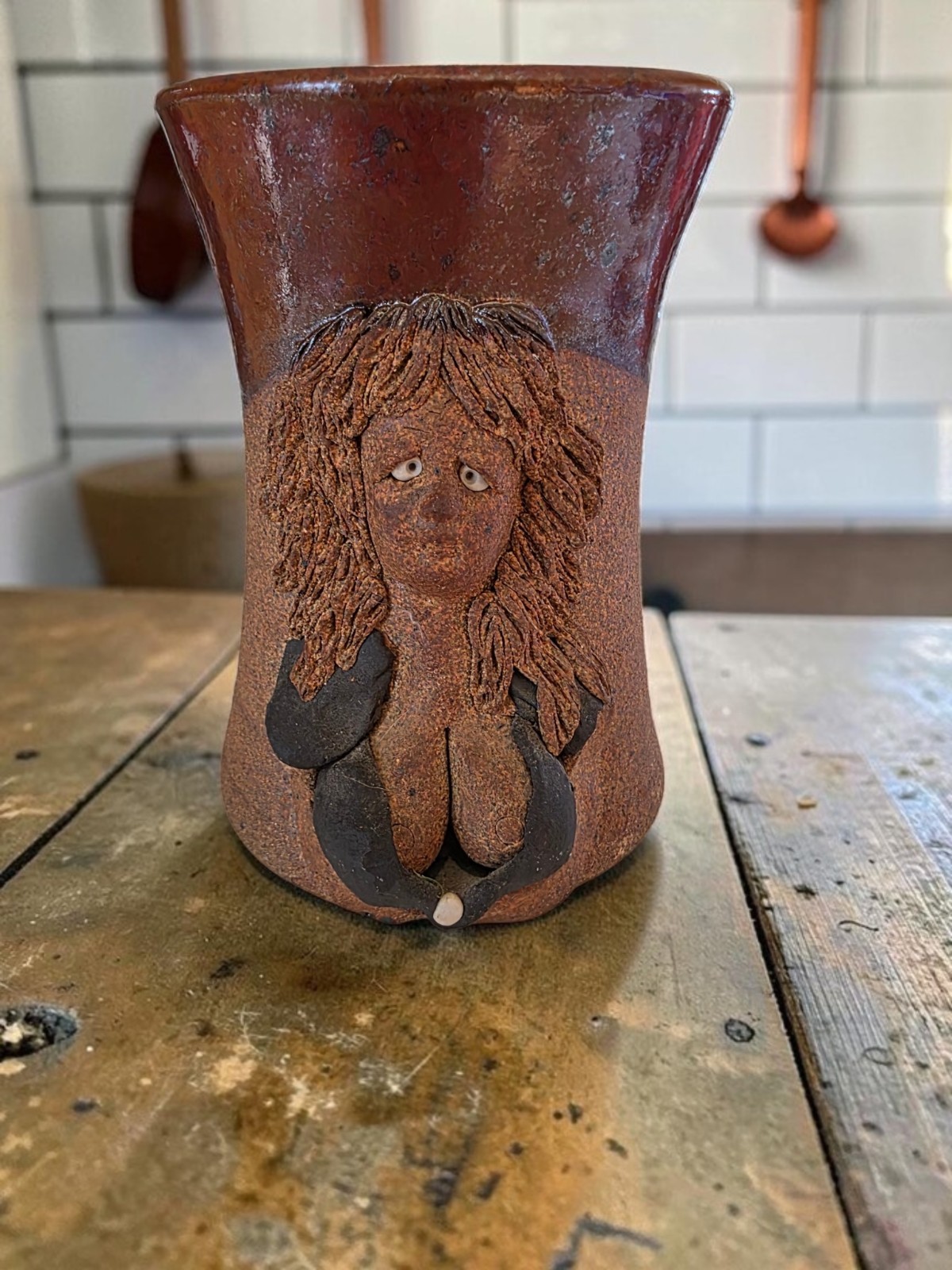 Vintage Andrew Van Der Putten Nude Woman Stoneware Mug Cup Art Pottery Folk Art 