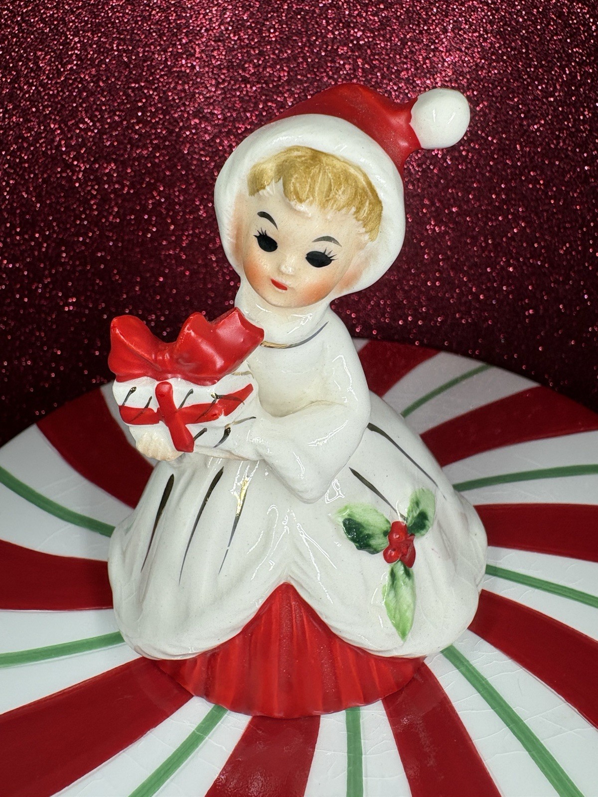 Vtg Josef Originals Christmas Girl In Santa Hat With Present Bell Figurine Japan