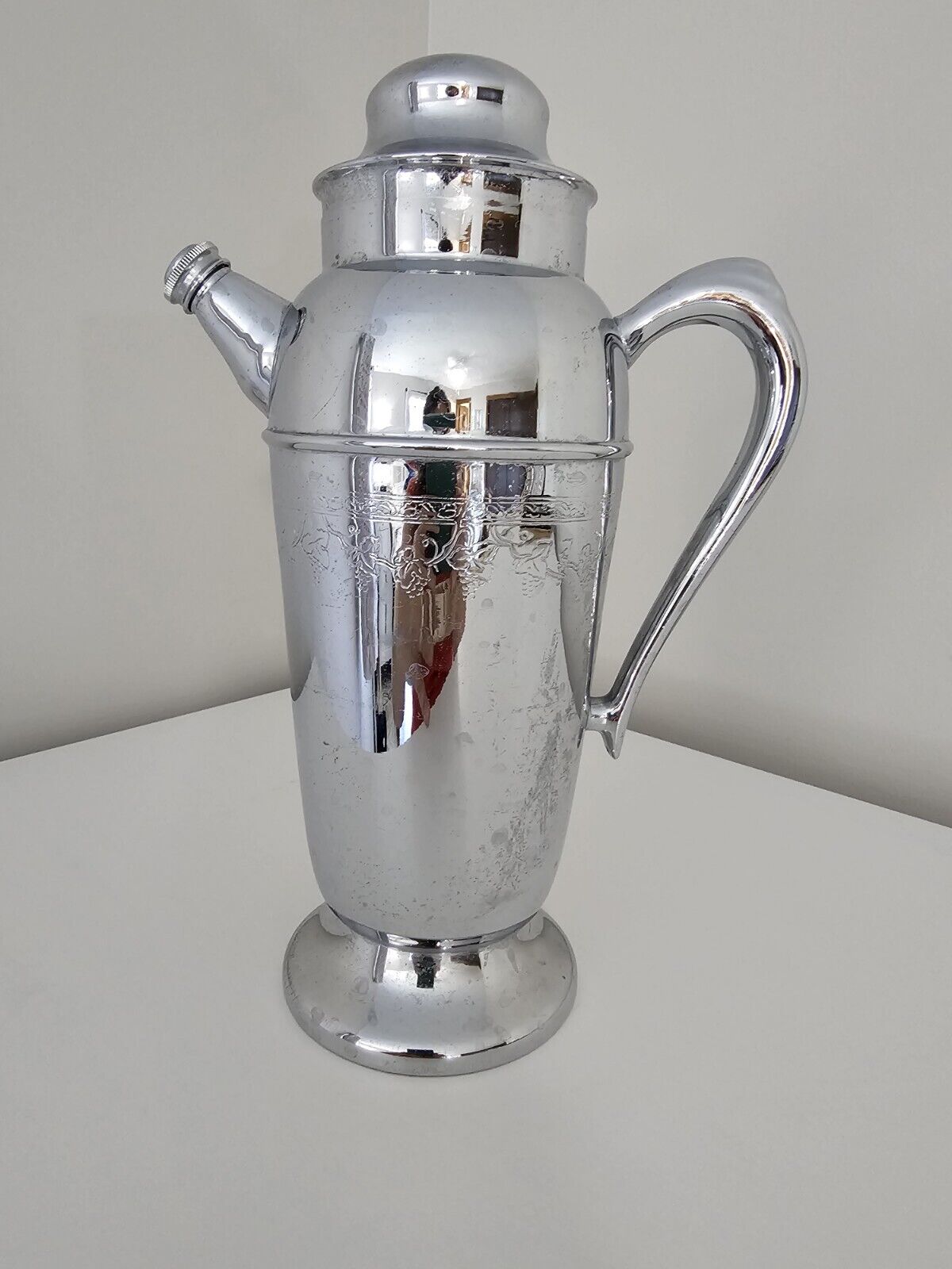 Vintage 1940s Chrome Plated Cocktail Shaker With A Grape Pattern Design