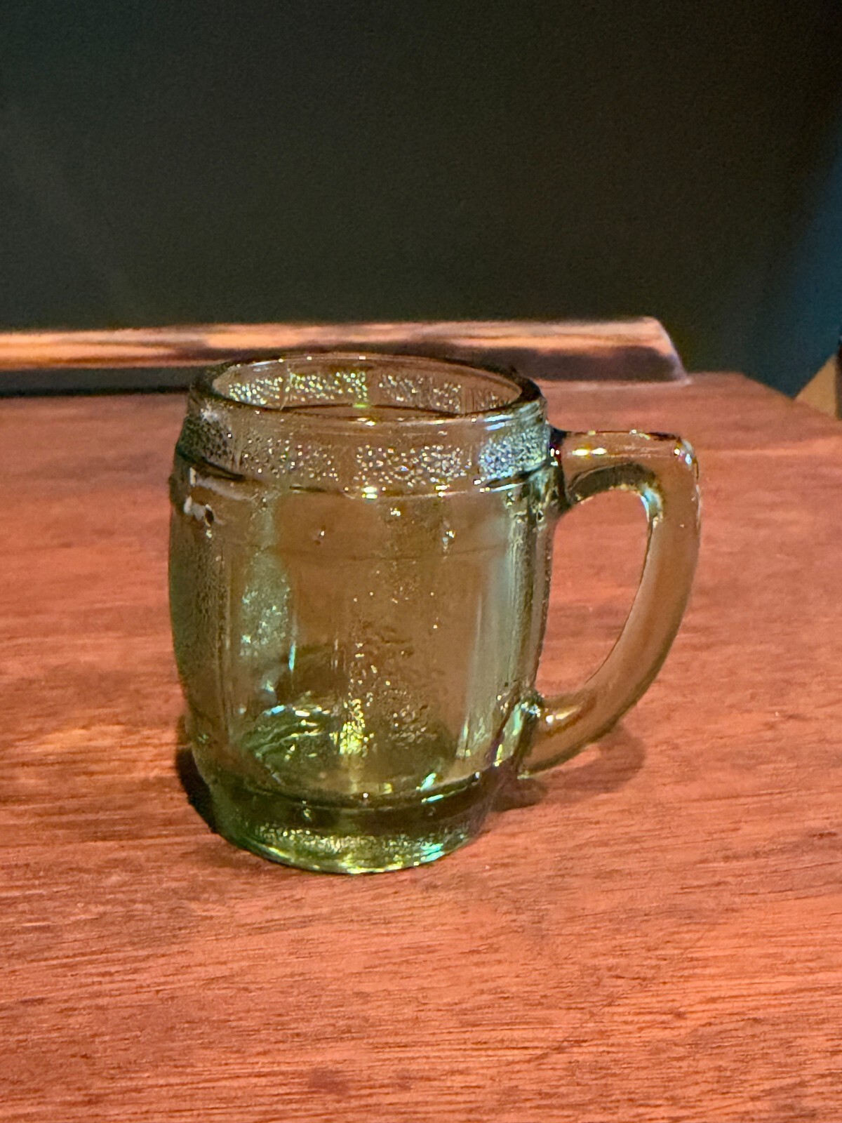 Vintage Hazel Atlas Avocado Green Glass Mini Barrel Mug 2.25\