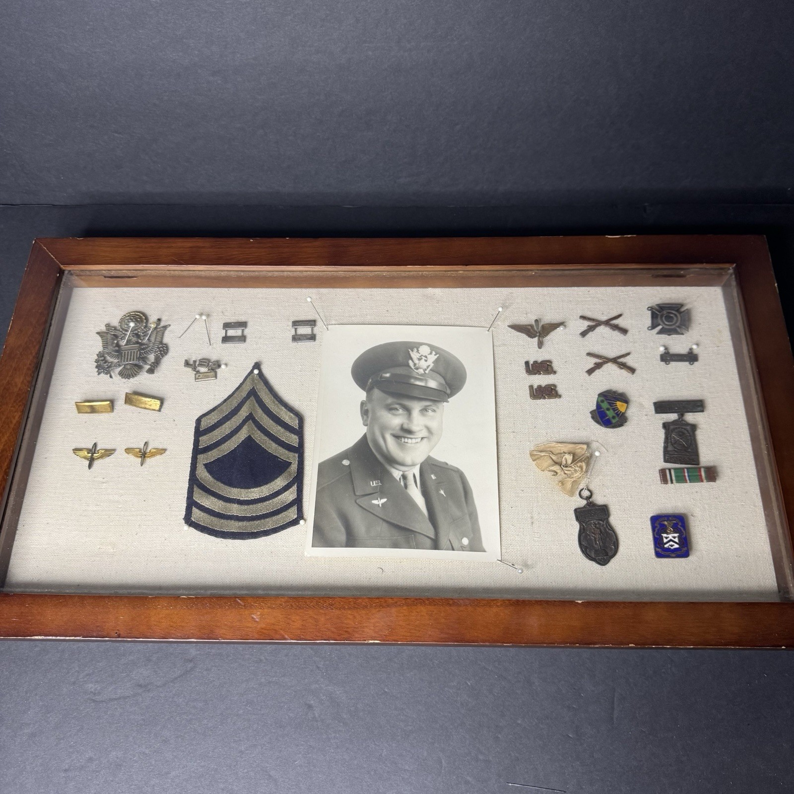 WWII Era US Army Military Memorabilia Shadow Box Insignia Badges Photo
