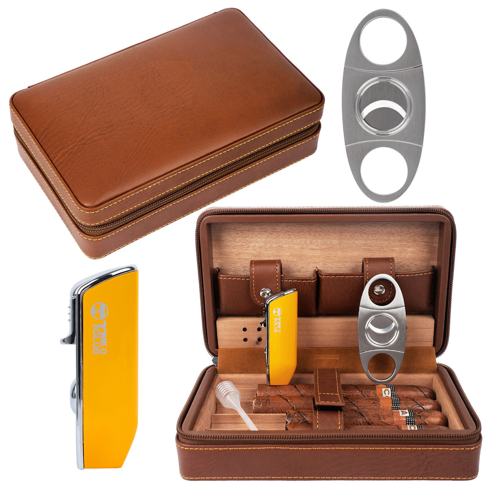 Portable Travel Leather Cigar Case, Cigar Cutter,Cigar Humidor ,lighter